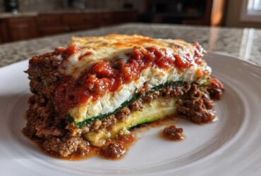 A hearty slice of zucchini lasagna featuring layers of zucchini, meat sauce, ricotta, and melted cheese topping.