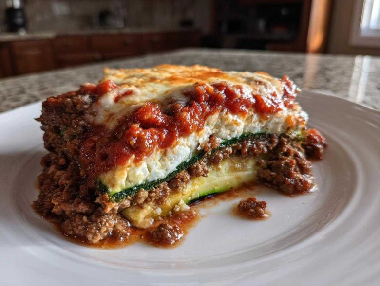 A hearty slice of zucchini lasagna featuring layers of zucchini, meat sauce, ricotta, and melted cheese topping.
