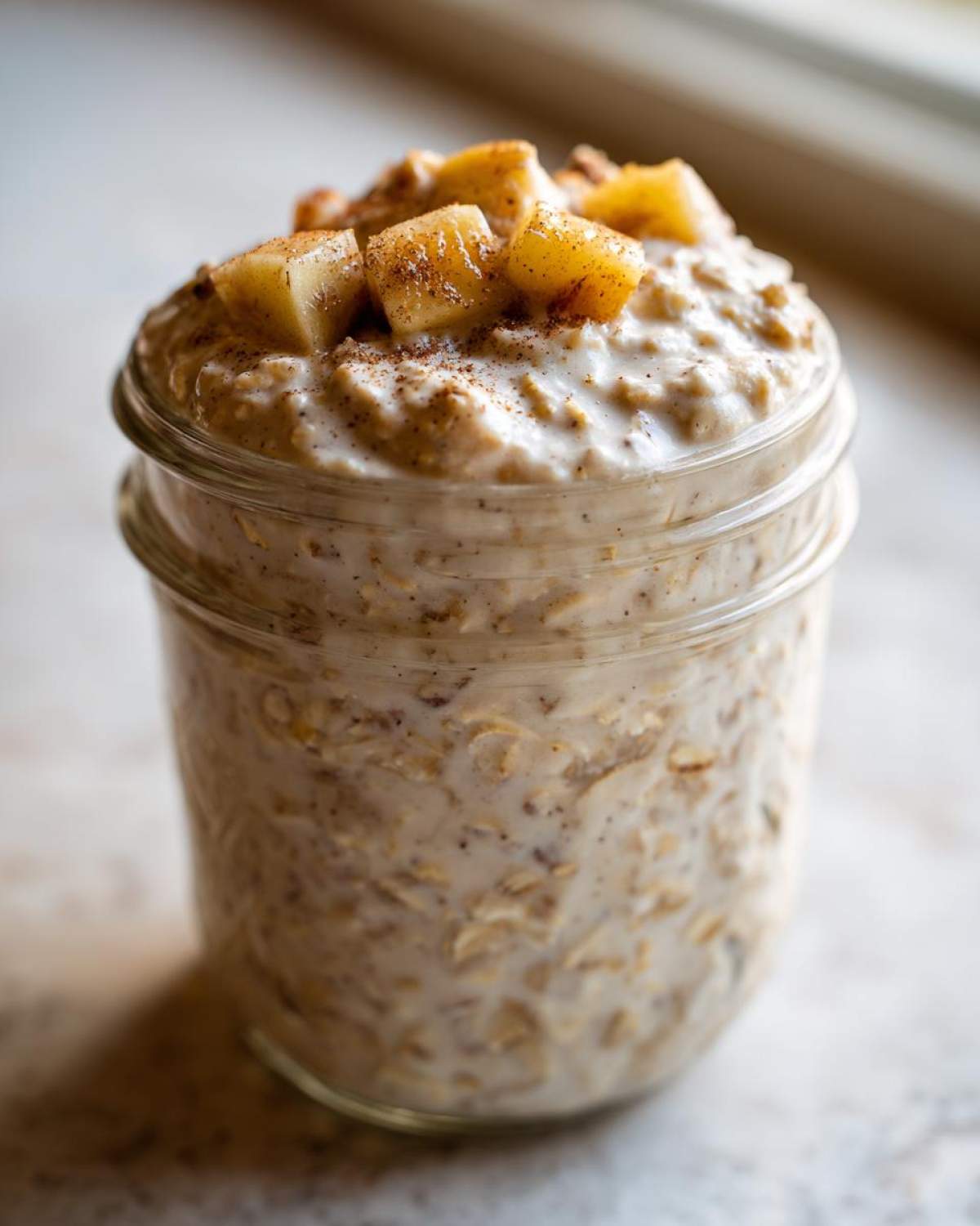 Close-up of apple cinnamon overnight oats in a glass jar, topped with diced, spiced apples.