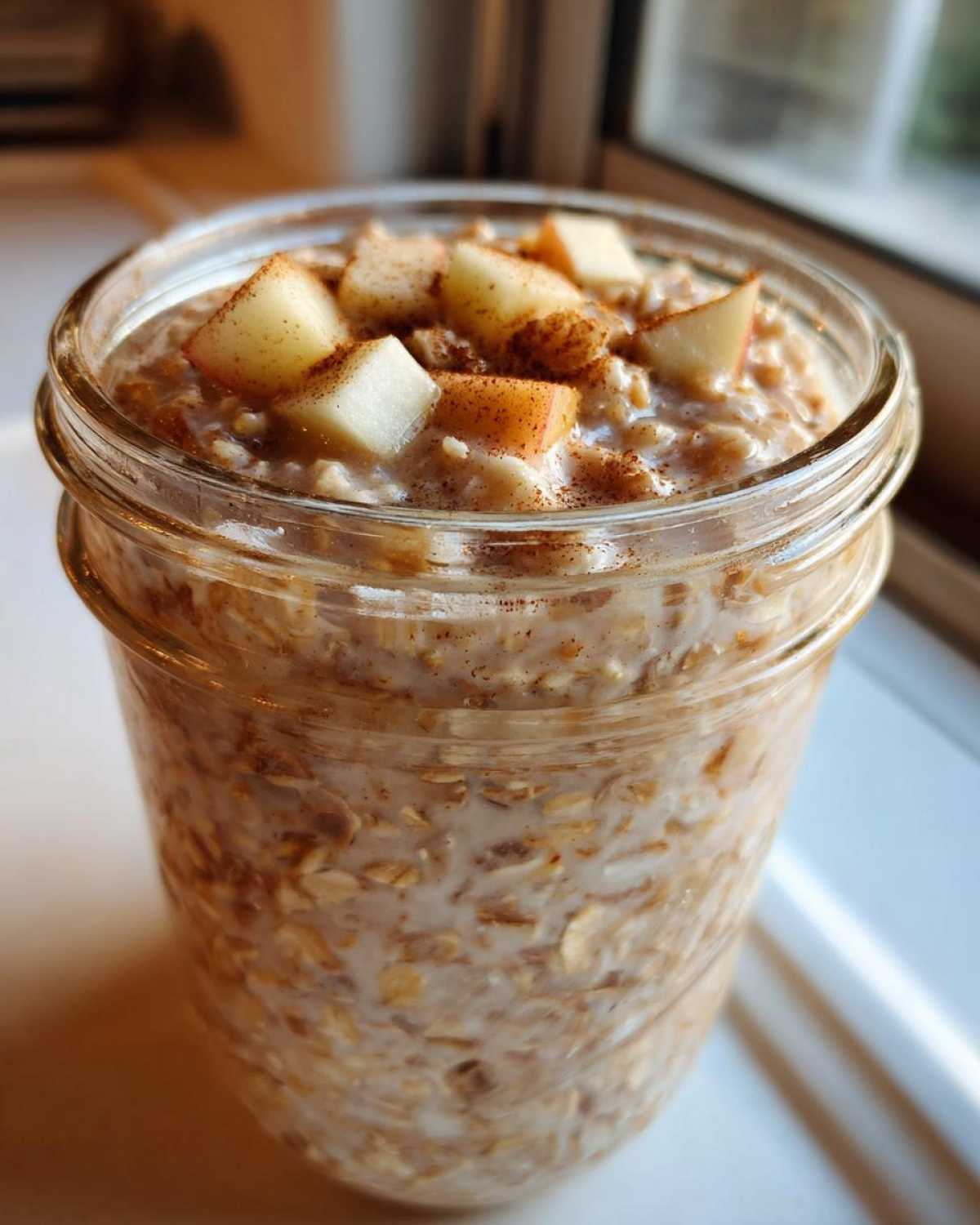 Close-up of apple cinnamon overnight oats in a glass jar, topped with diced apples and cinnamon.