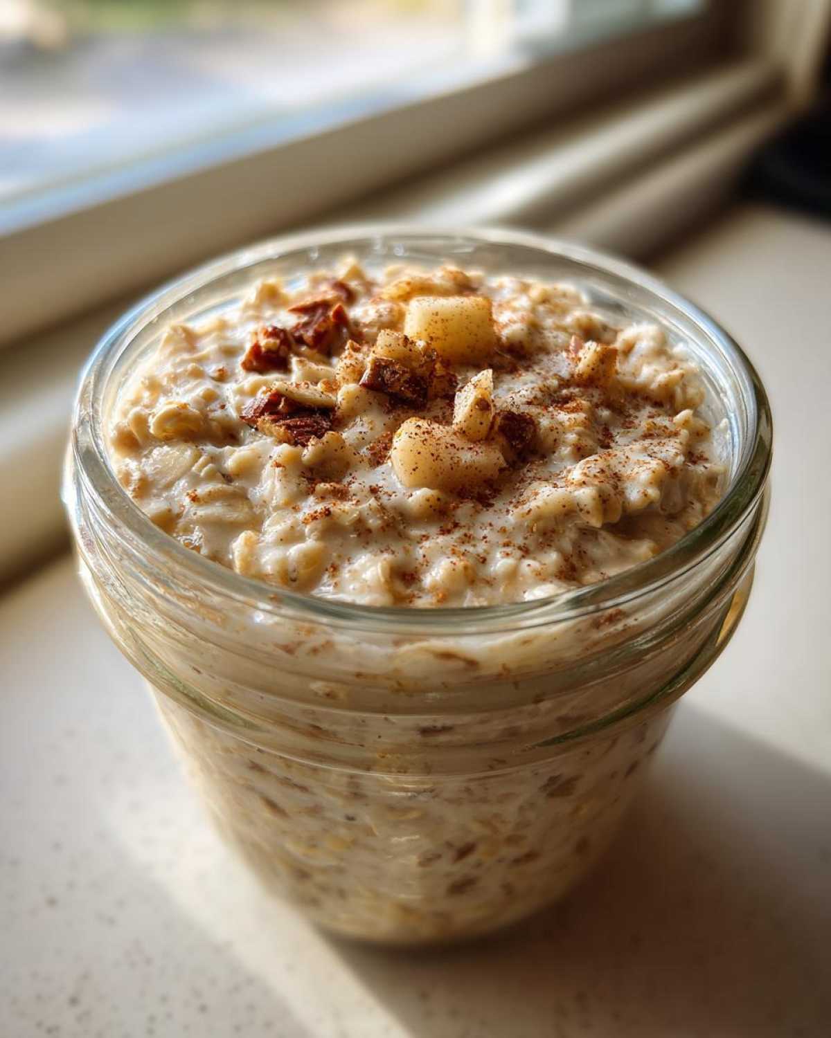 Close-up of apple cinnamon overnight oats in a glass jar, topped with diced apples, nuts, and cinnamon.