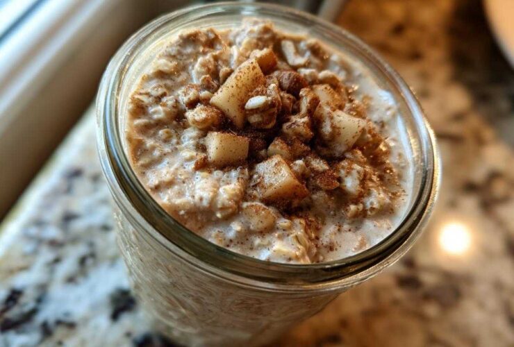 Overhead close-up of creamy apple cinnamon overnight oats topped with diced apples and cinnamon in a glass jar.