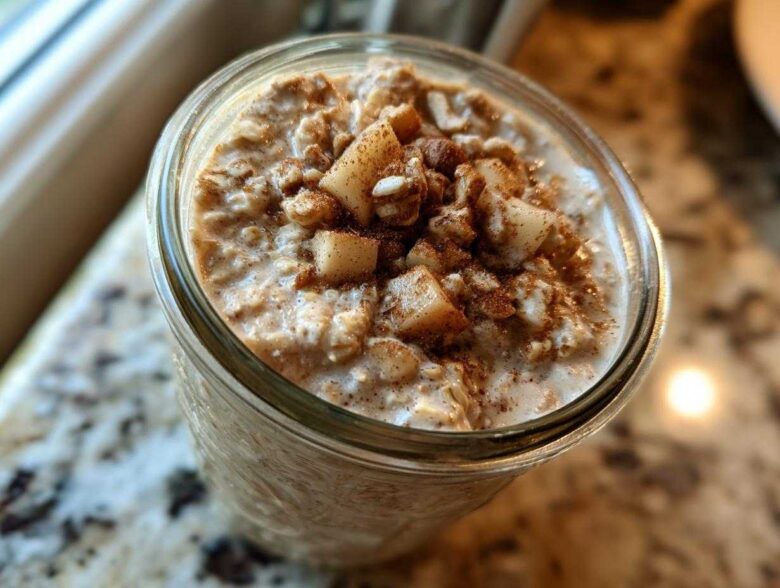 Overhead close-up of creamy apple cinnamon overnight oats topped with diced apples and cinnamon in a glass jar.