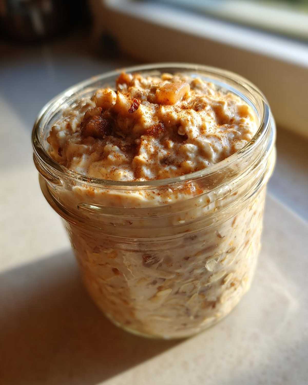 A close-up of creamy apple cinnamon overnight oats in a glass jar, topped with diced apples and cinnamon.