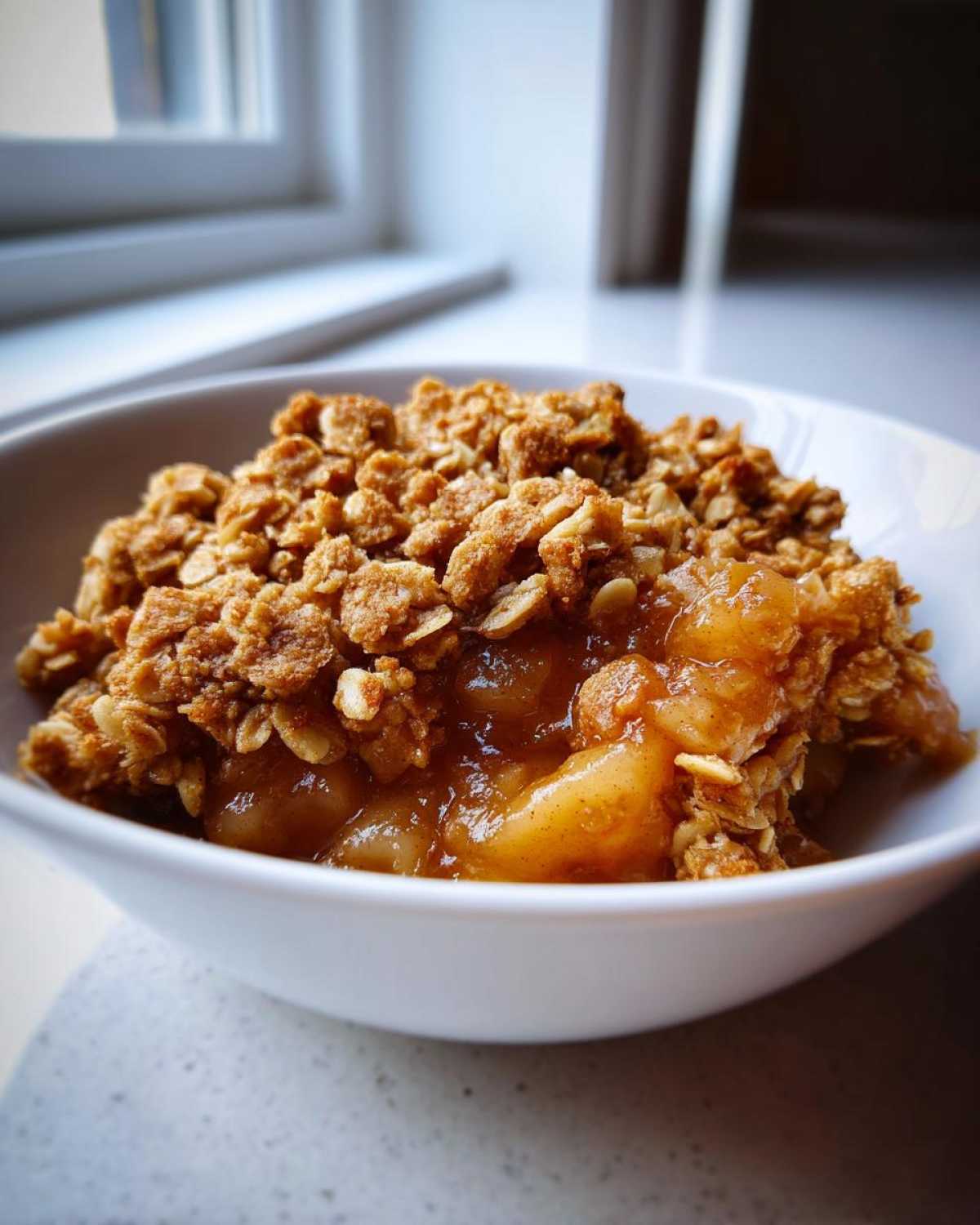 Close-up of a serving of warm apple crisp with a thick, crunchy oat topping in a white bowl.