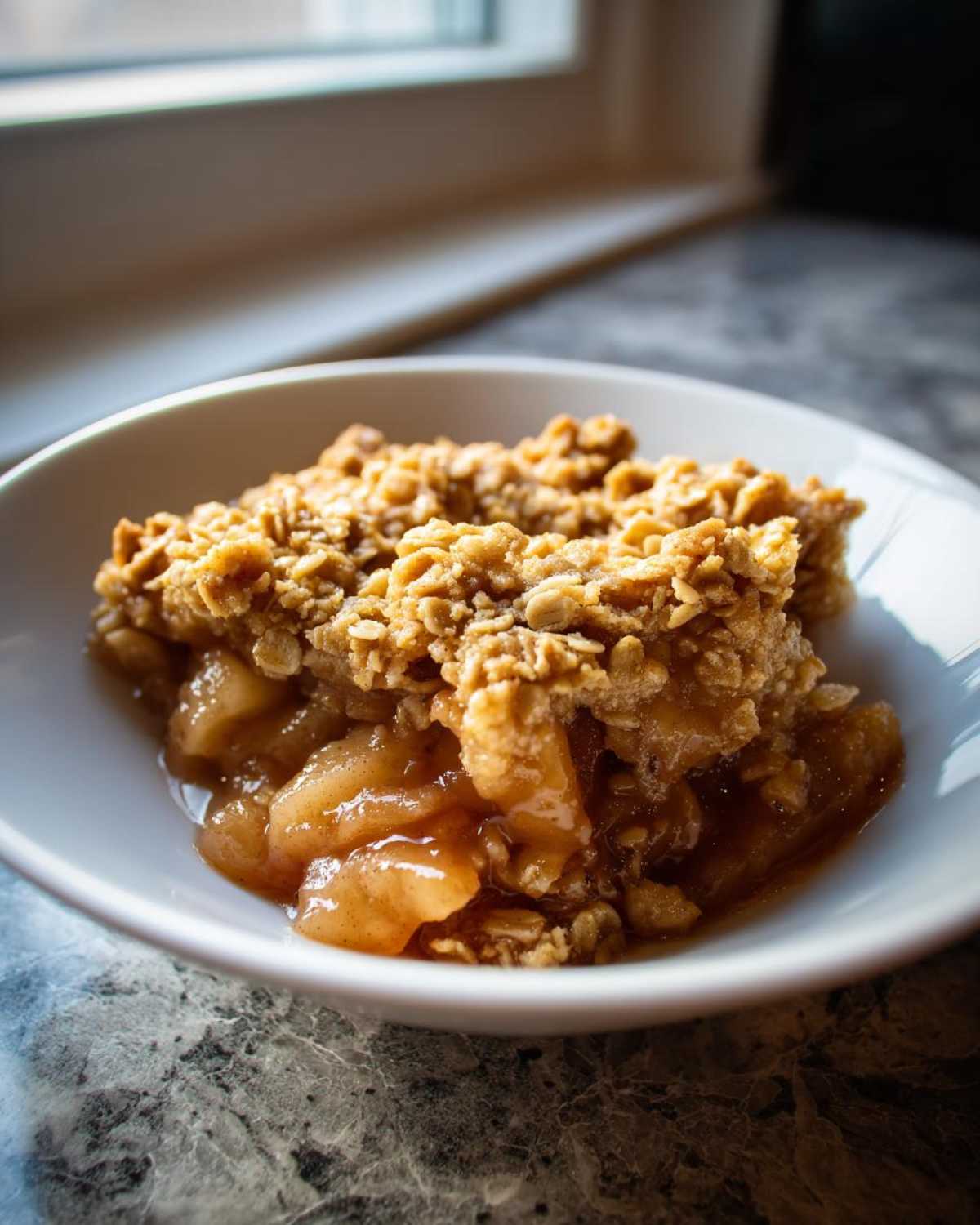 Close-up of a serving of homemade apple crisp with a thick, crunchy oat topping and warm, gooey spiced apples.