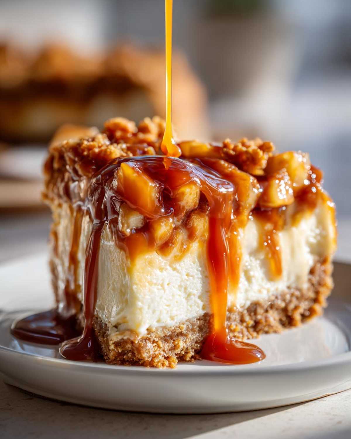 A close-up of a slice of apple pie cheesecake being drizzled with rich caramel sauce.