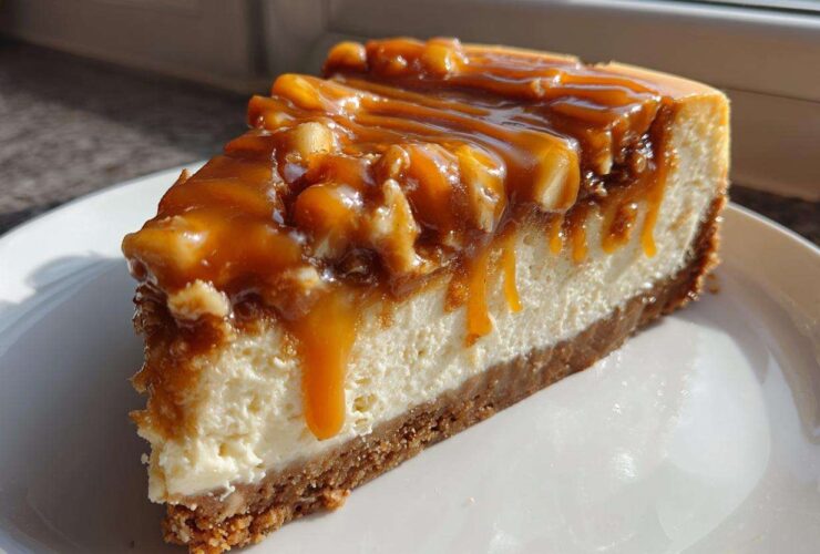 A decadent slice of apple pie cheesecake topped with chunky caramel sauce drizzled down the sides.