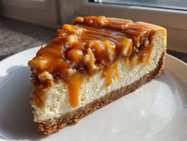 A decadent slice of apple pie cheesecake topped with chunky caramel sauce drizzled down the sides.