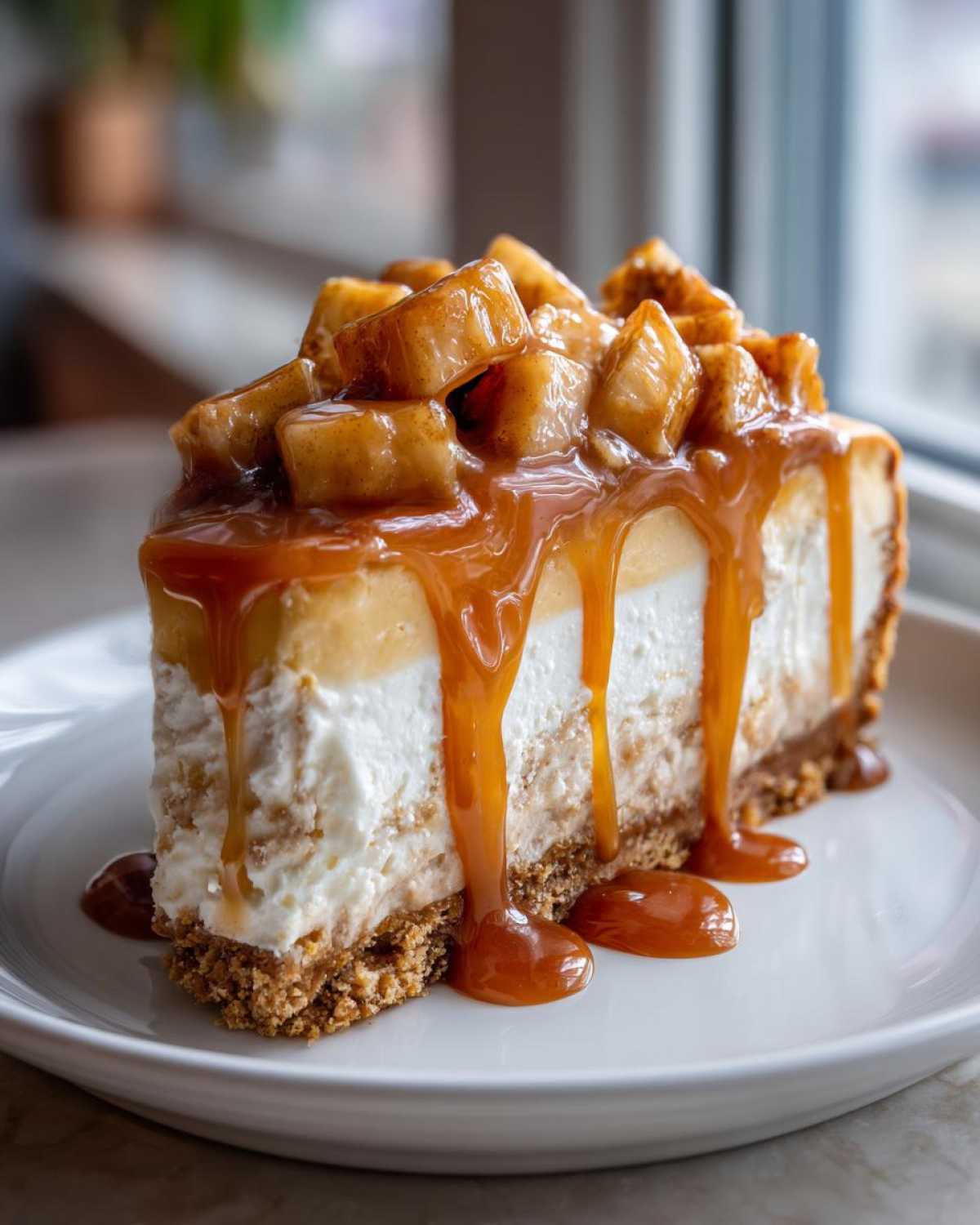 A decadent slice of apple pie cheesecake topped with spiced apples and rich caramel sauce.