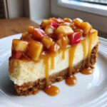 A decadent slice of apple pie cheesecake topped with spiced apple chunks and dripping caramel sauce.