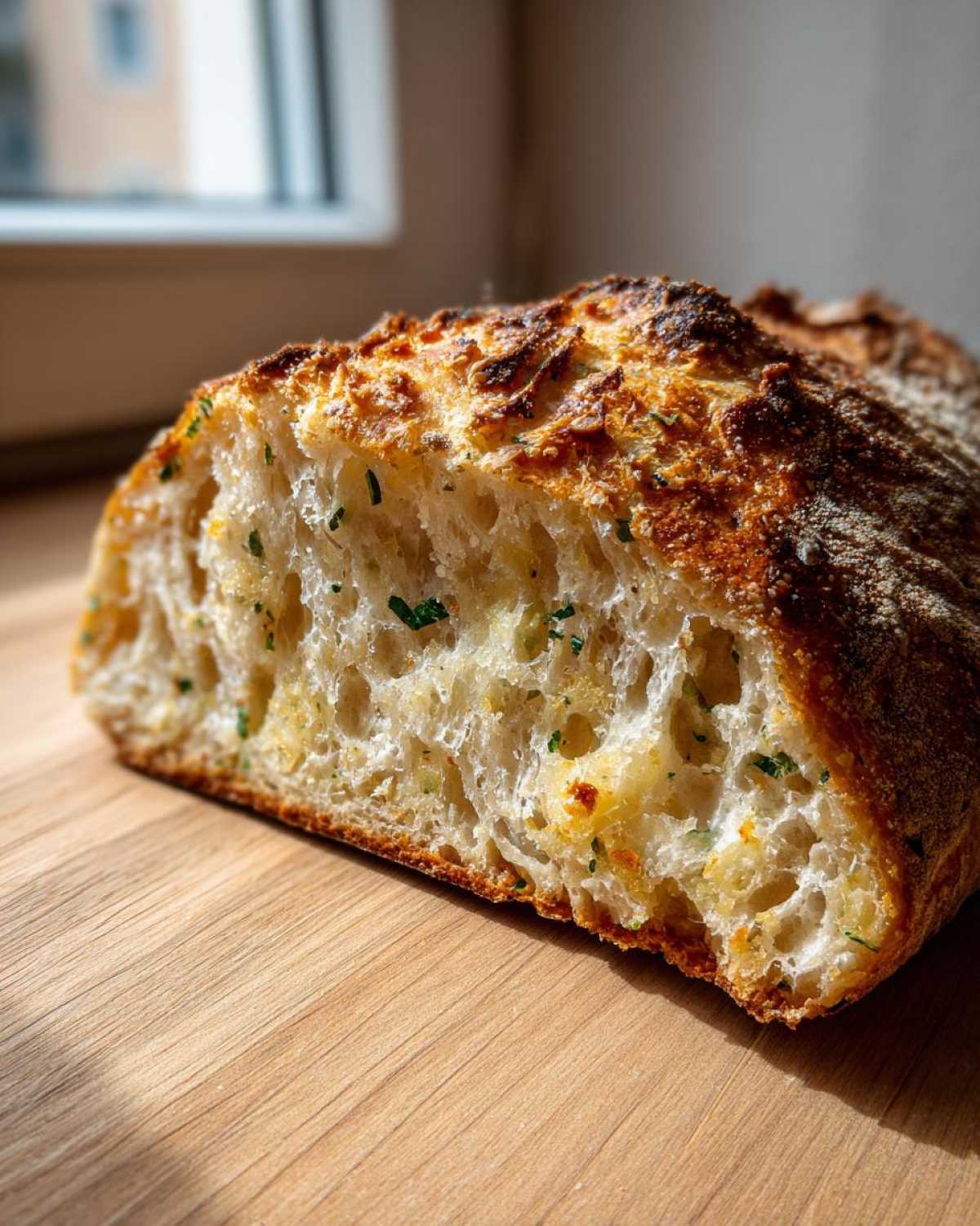 Close-up of a freshly baked artisan bread loaf cut open, showing an open crumb structure dotted with green herbs.