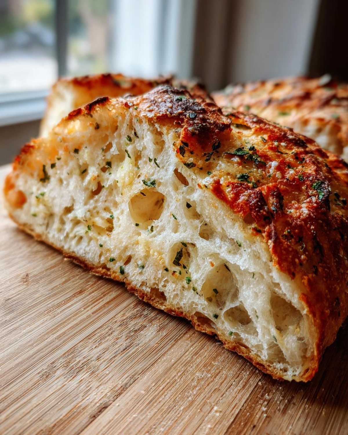 Close-up of the open, airy crumb structure of an artisan bread slice topped with herbs and a golden crust.