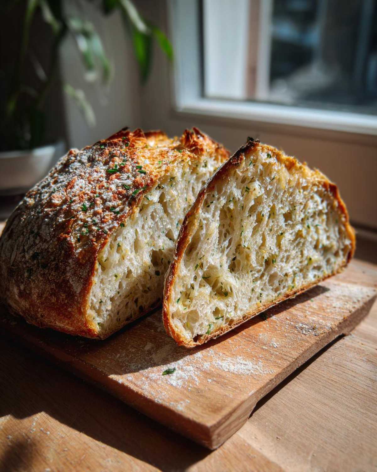 A freshly baked loaf of artisan bread, sliced to show the open crumb structure with visible herbs.