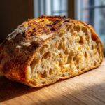 Close-up of a freshly baked artisan bread loaf cut in half, showing an open, airy crumb structure and dark crust.
