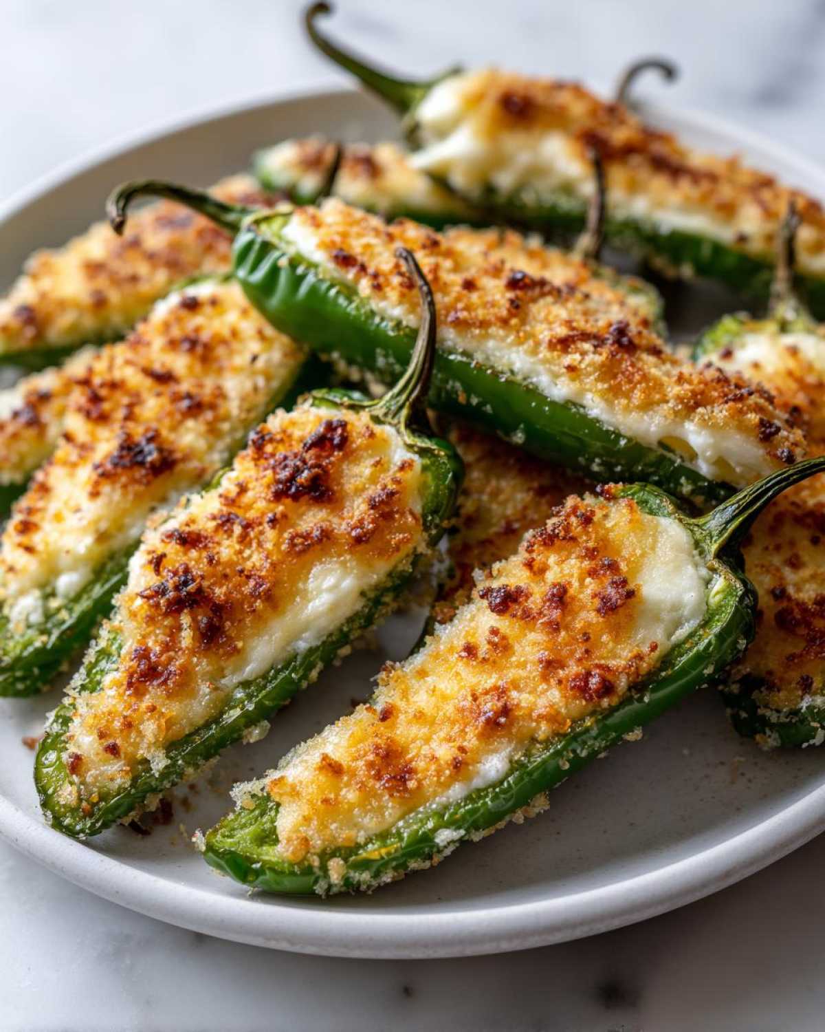 Close-up of several baked jalapeño poppers stuffed with cream cheese and topped with golden breadcrumbs.