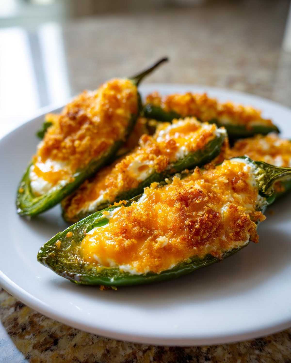 Close-up of several baked Jalapeño poppers stuffed with cream cheese and topped with golden, crispy breadcrumbs.