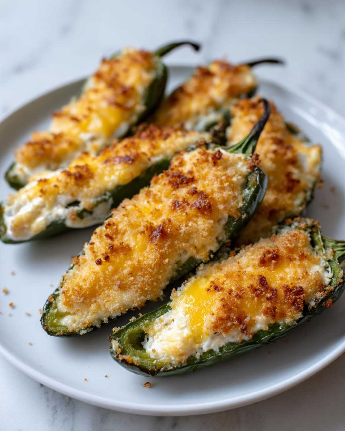 Close-up of several baked Jalapeño poppers stuffed with cream cheese and topped with golden breadcrumbs.