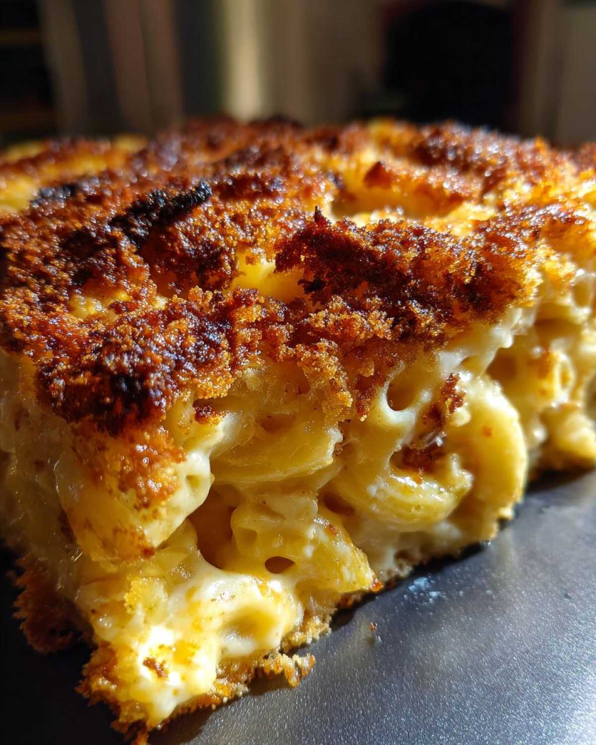 A close-up cross-section of creamy baked mac and cheese showing elbow macaroni coated in cheese sauce and a dark, crispy breadcrumb topping.