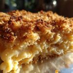 A close-up, macro shot of a serving of baked mac and cheese showing creamy interior and a golden brown, crispy breadcrumb topping.