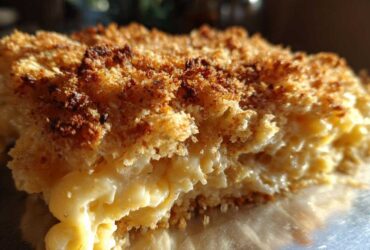 A close-up, macro shot of a serving of baked mac and cheese showing creamy interior and a golden brown, crispy breadcrumb topping.