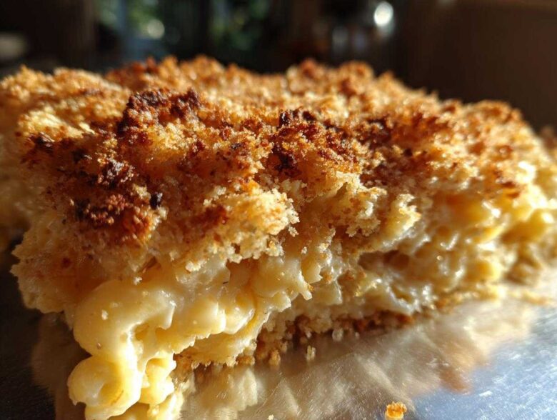 A close-up, macro shot of a serving of baked mac and cheese showing creamy interior and a golden brown, crispy breadcrumb topping.