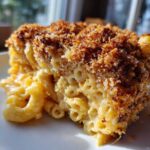 Close-up of a creamy slice of baked mac and cheese showing elbow macaroni submerged in cheese sauce and topped with a golden brown crunchy breadcrumb crust.