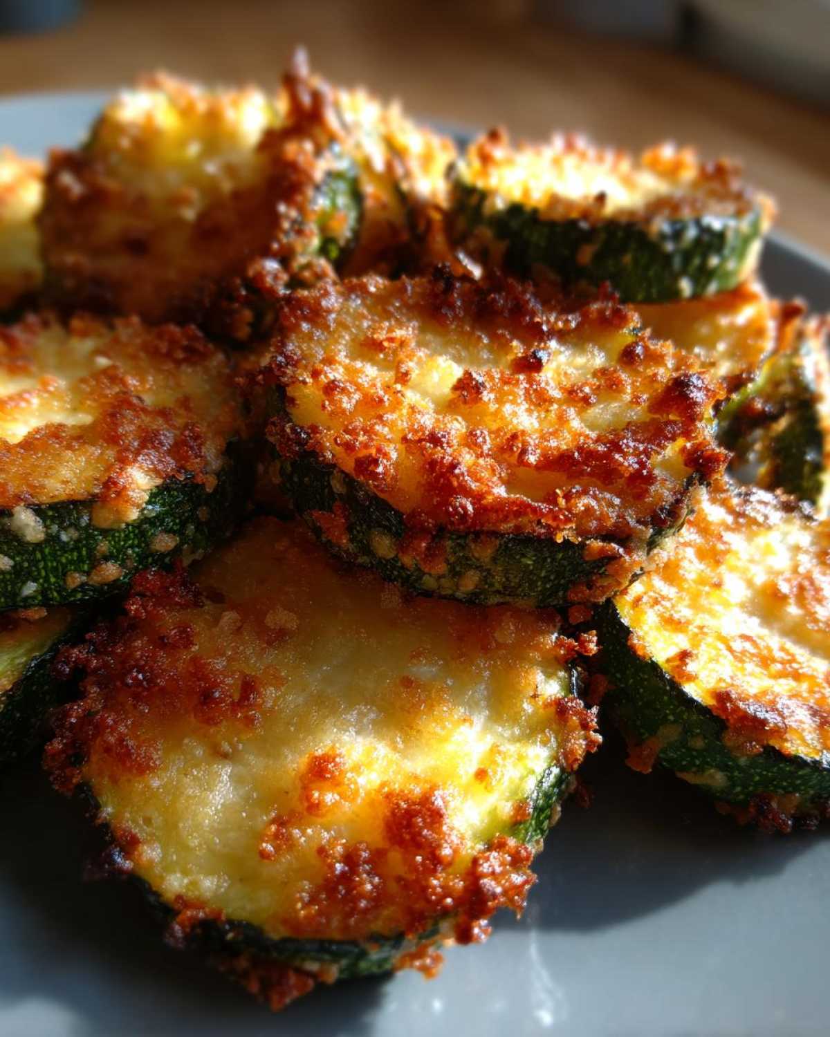 Close-up of golden brown, crispy baked parmesan zucchini slices stacked on a grey plate.