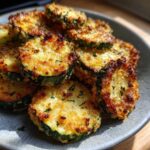 Close-up of golden brown, crispy baked parmesan zucchini slices piled on a gray plate.