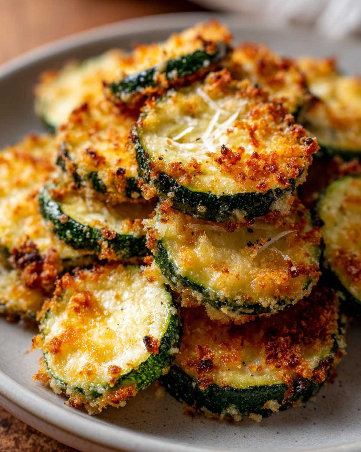 Close-up of crispy, golden brown baked parmesan zucchini slices stacked on a light gray plate.