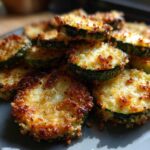Close-up of golden brown, crispy baked parmesan zucchini slices piled on a grey plate.