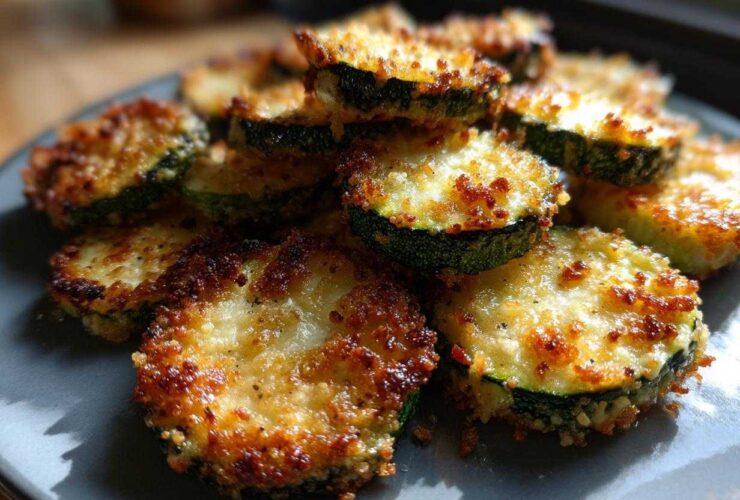 Close-up of golden brown, crispy baked parmesan zucchini slices piled on a grey plate.