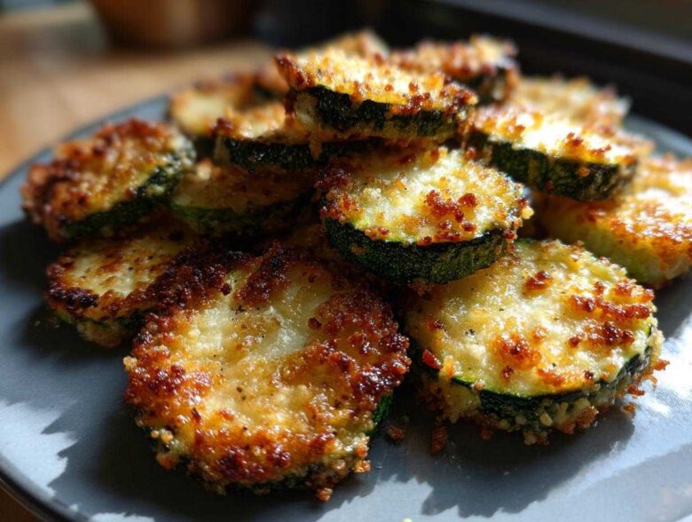 Close-up of golden brown, crispy baked parmesan zucchini slices piled on a grey plate.