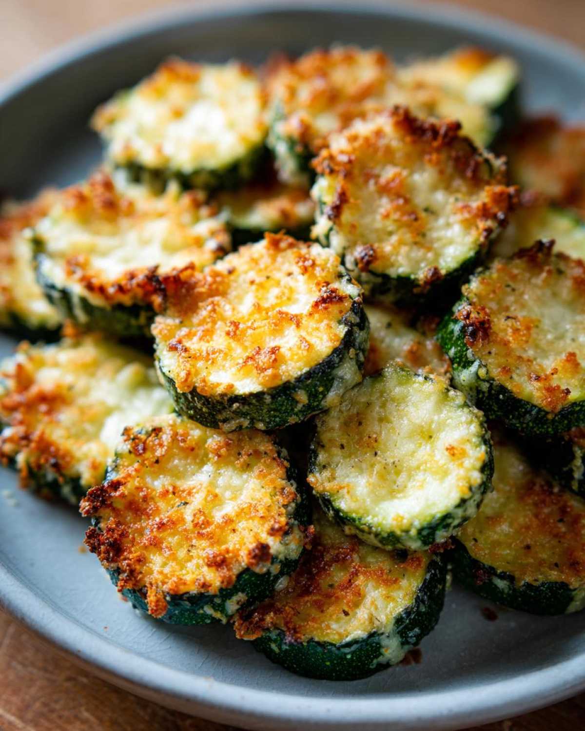 Close-up of crispy, golden brown baked parmesan zucchini slices piled on a gray plate.