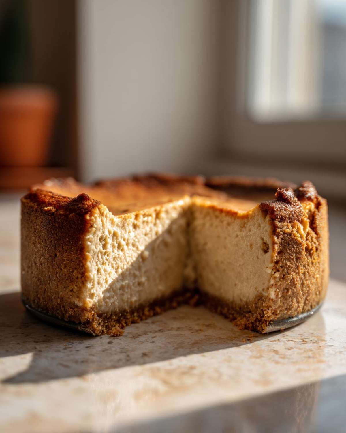 A baked Protein Cheesecake with a slice cut out, showing the creamy texture and browned crust.