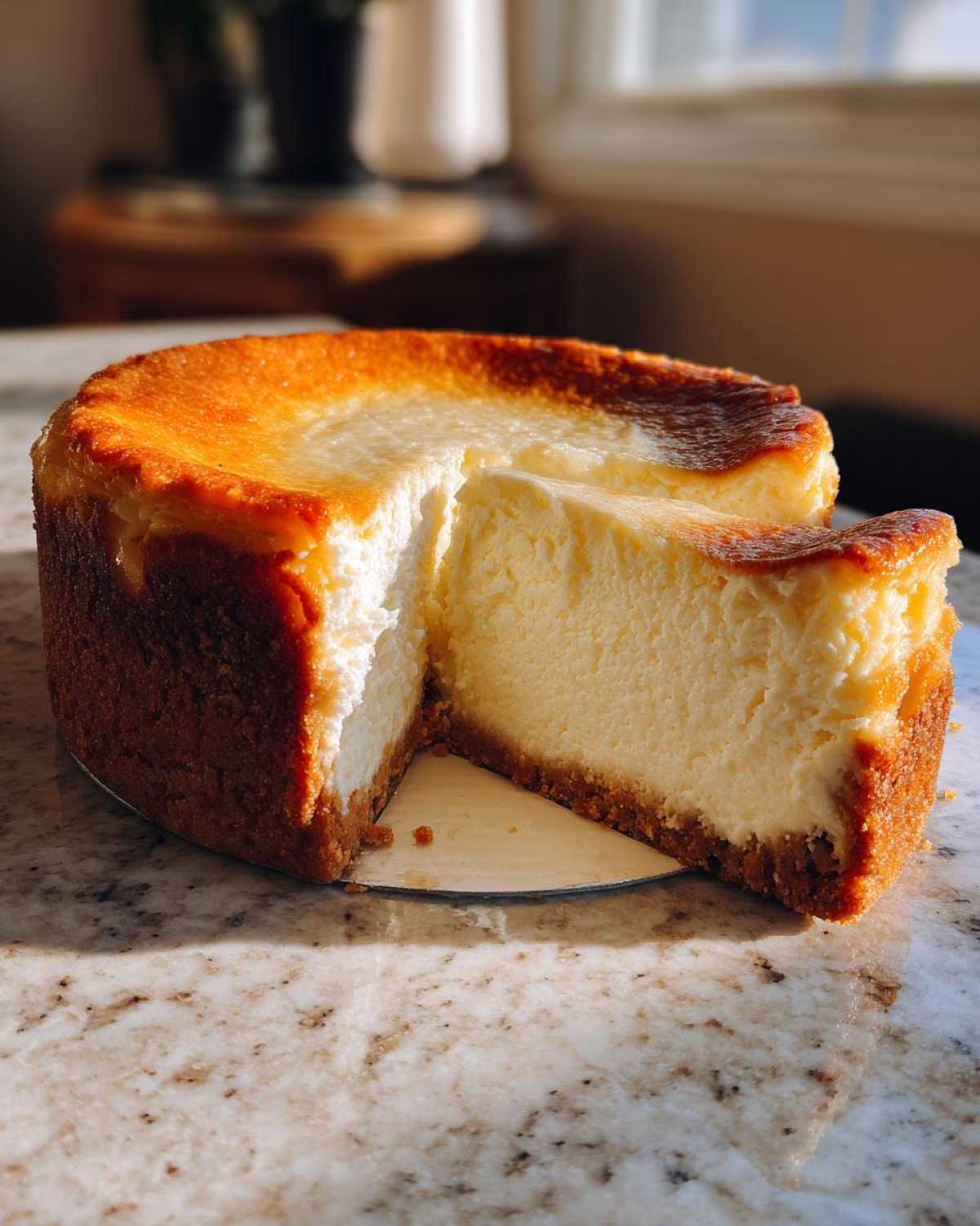 A golden-brown baked Protein Cheesecake sitting on a marble counter, with one slice partially pulled out to show the creamy interior.