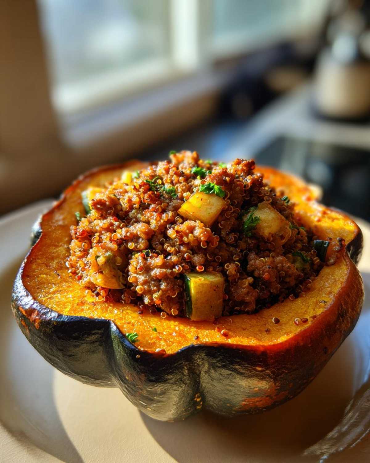 Close-up of a baked stuffed acorn squash half filled with a savory quinoa and vegetable mixture.