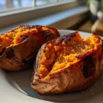 Two perfectly baked sweet potatoes, split open and sprinkled with coarse sea salt, ready to eat.