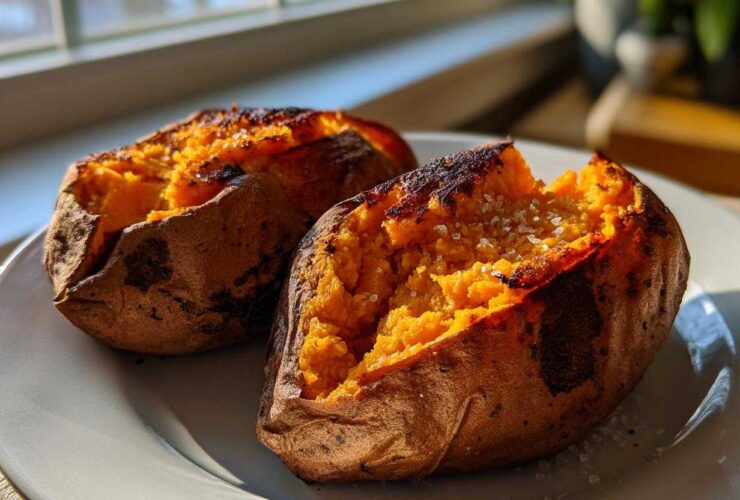 Two perfectly baked sweet potatoes, split open and sprinkled with coarse sea salt, ready to eat.