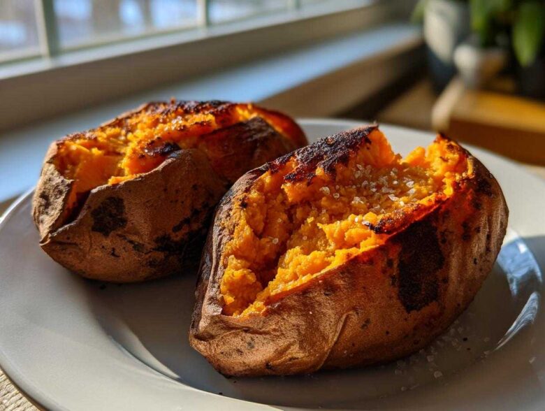 Two perfectly baked sweet potatoes, split open and sprinkled with coarse sea salt, ready to eat.