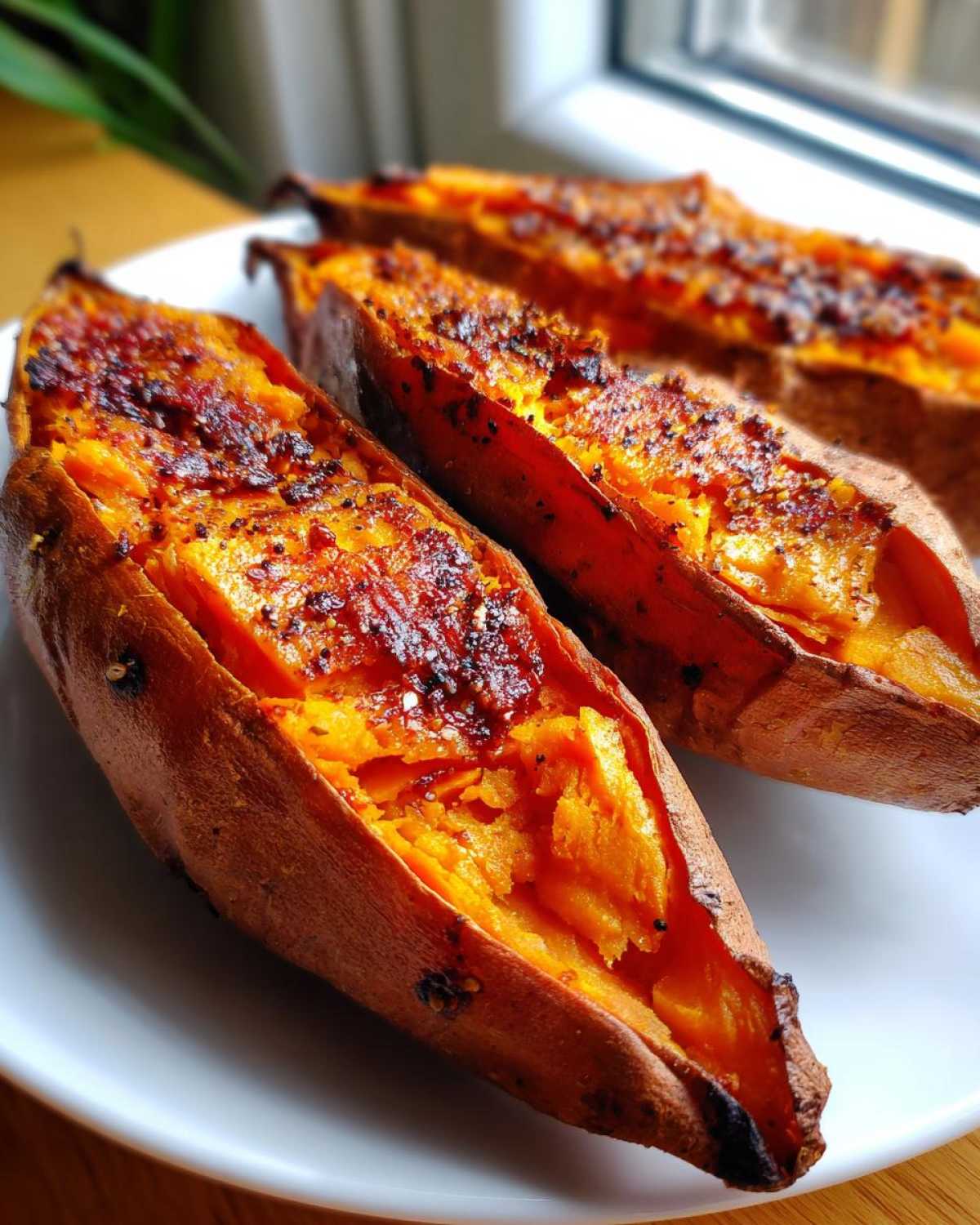 Close-up of three halved baked sweet potatoes with fluffy orange flesh and seasoned, crispy skin.