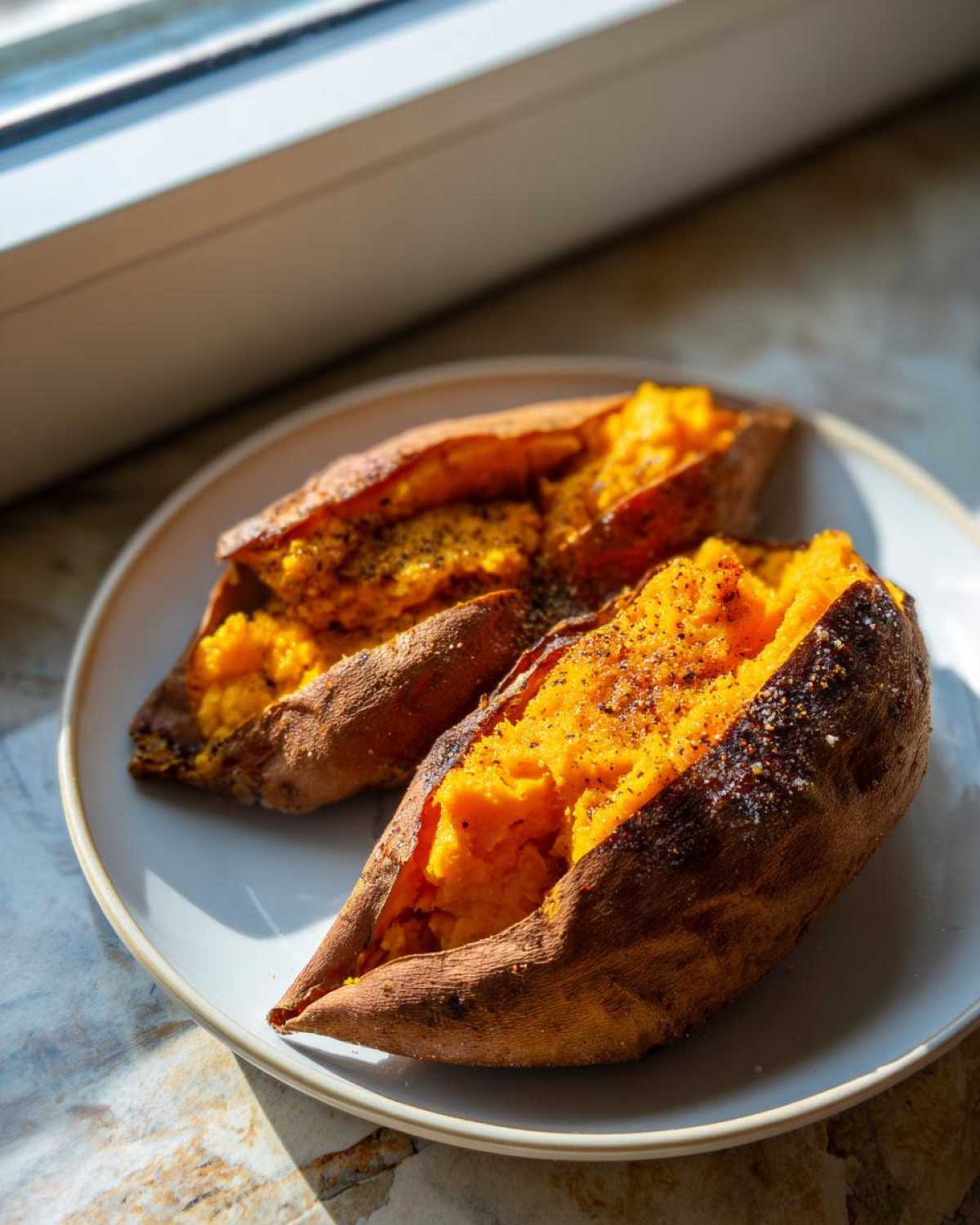 Two halves of perfectly baked sweet potatoes, showing bright orange flesh seasoned with pepper and salt.