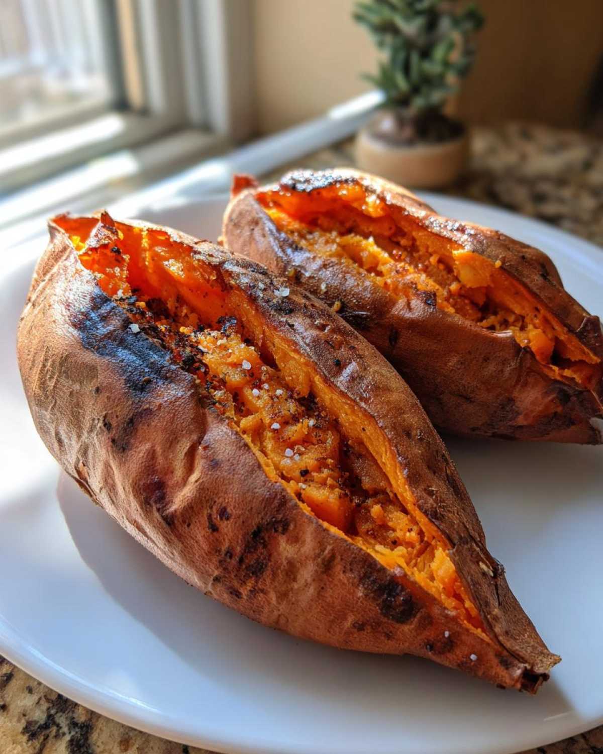Two perfectly baked sweet potatoes, split open and seasoned with coarse sea salt.
