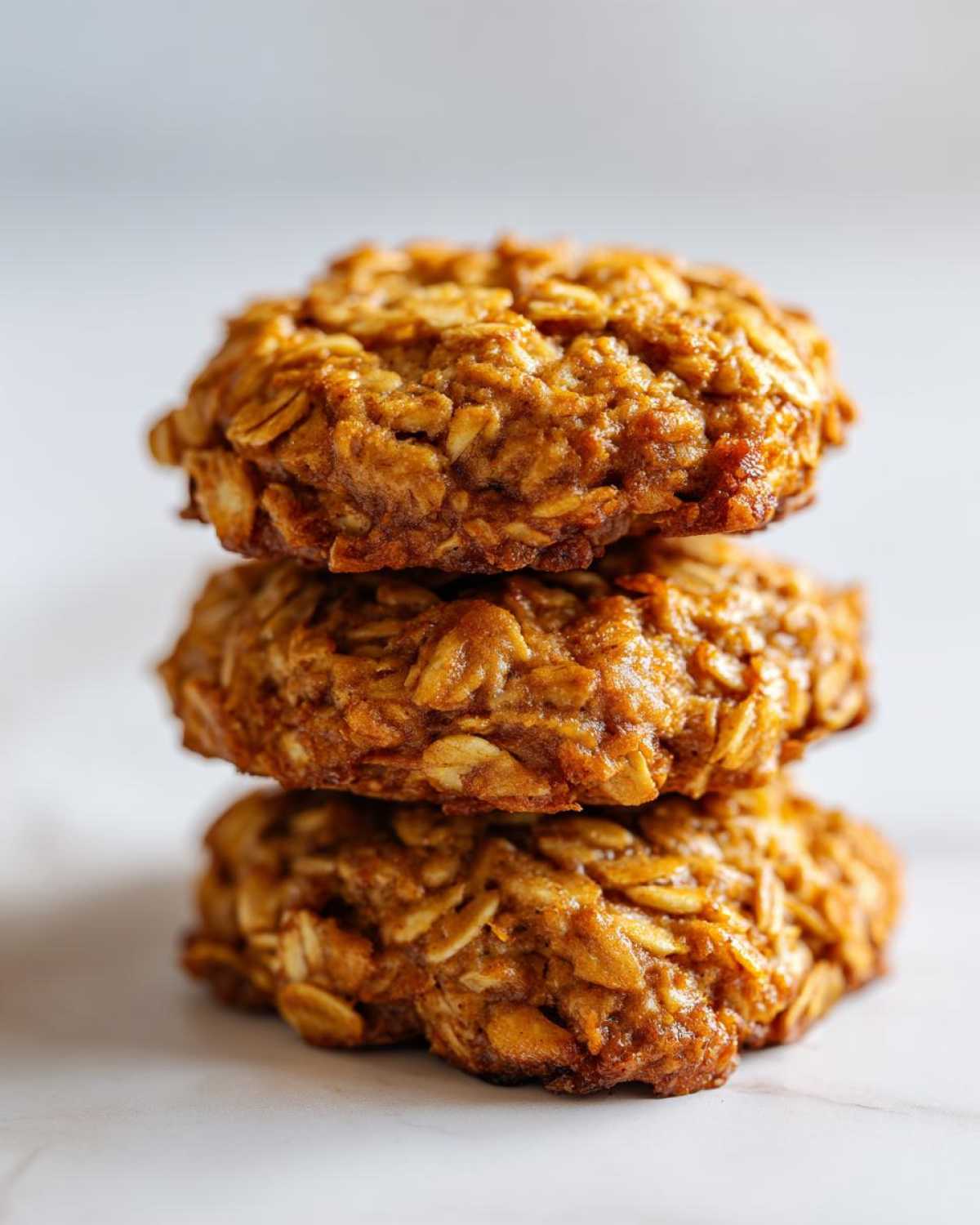 A vertical stack of three golden brown banana oatmeal cookies featuring visible rolled oats.