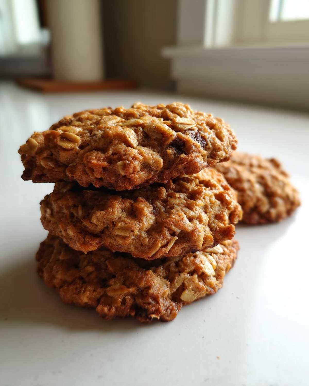 A close-up stack of three golden brown banana oatmeal cookies, showing visible oats and texture.