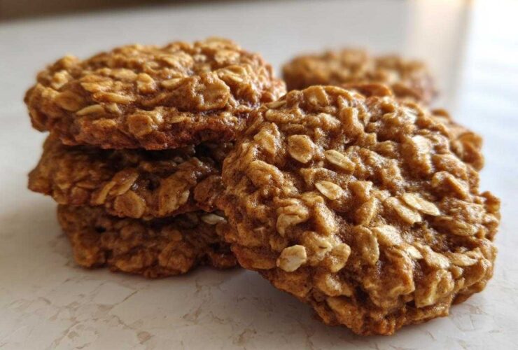 Close-up of a small stack of golden brown banana oatmeal cookies featuring visible rolled oats.