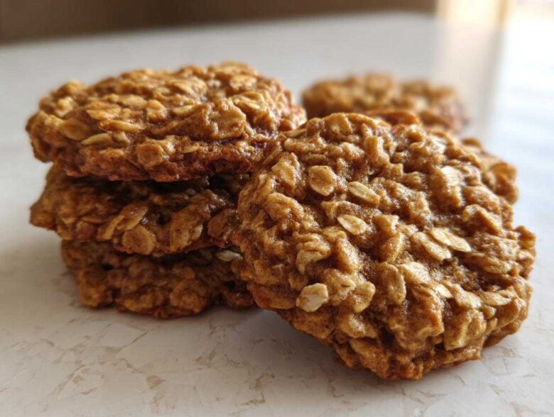 Close-up of a small stack of golden brown banana oatmeal cookies featuring visible rolled oats.