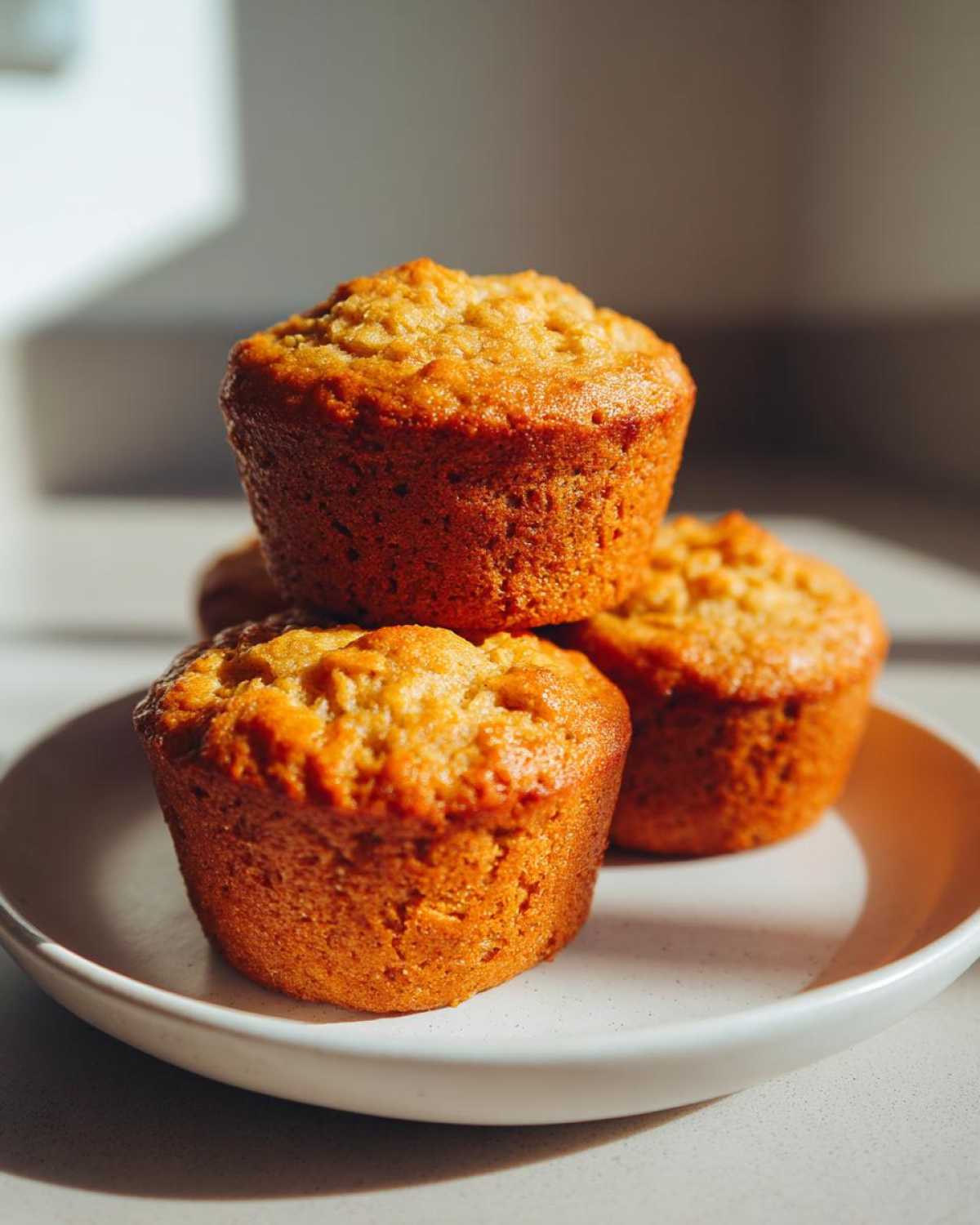 A stack of three golden-brown banana protein muffins resting on a light-colored plate.