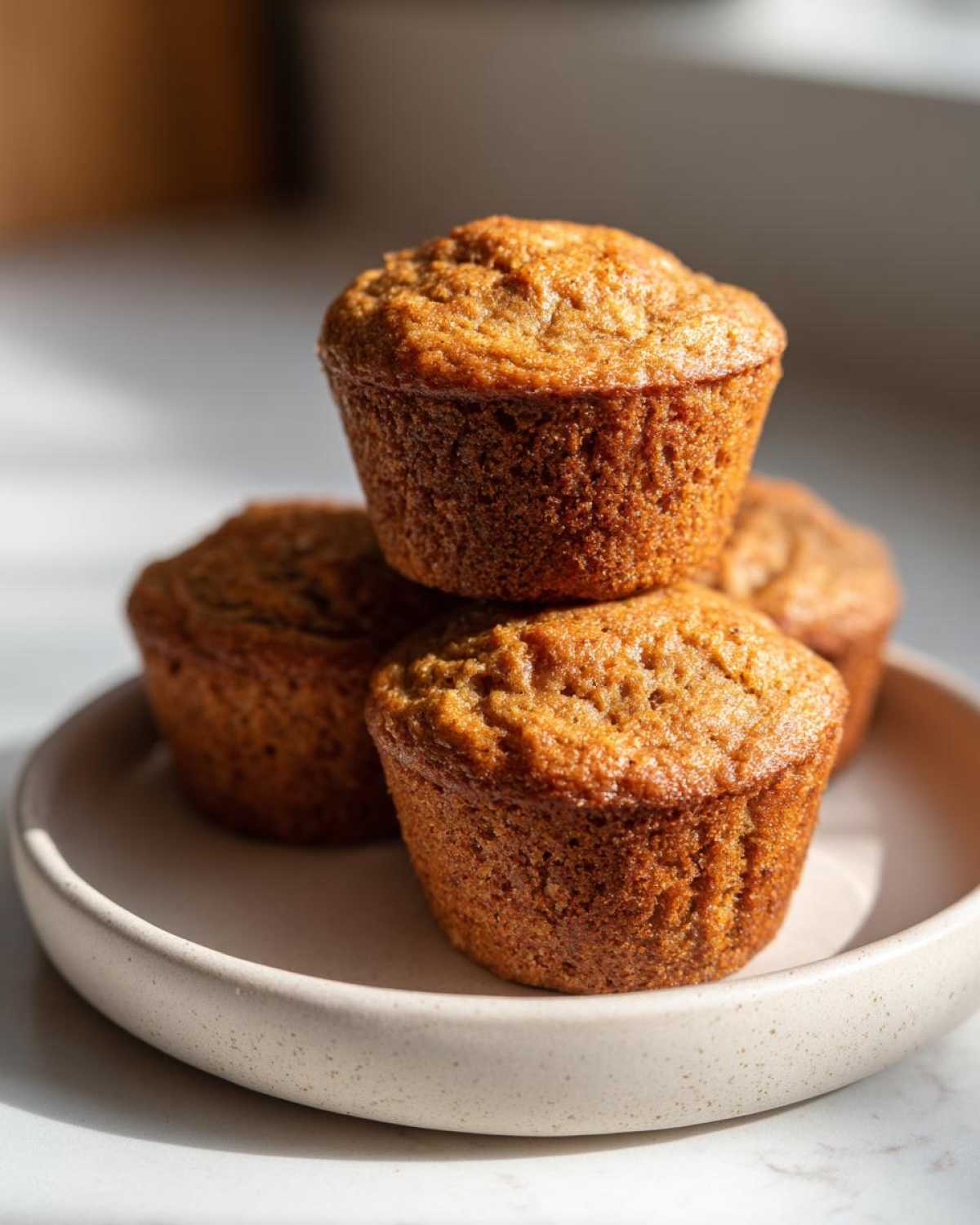 A stack of four golden brown banana protein muffins resting on a speckled ceramic plate, highlighted by natural light.