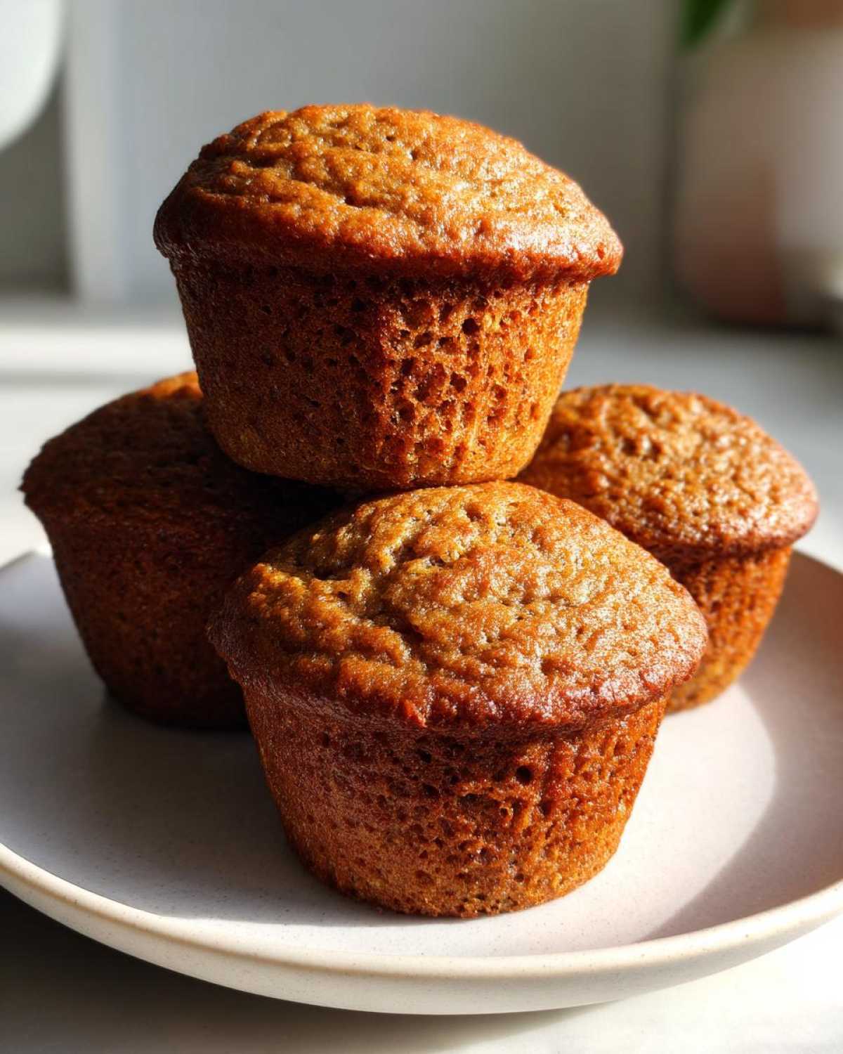 A stack of four golden-brown banana protein muffins resting on a light-colored plate, highlighted by sunlight.